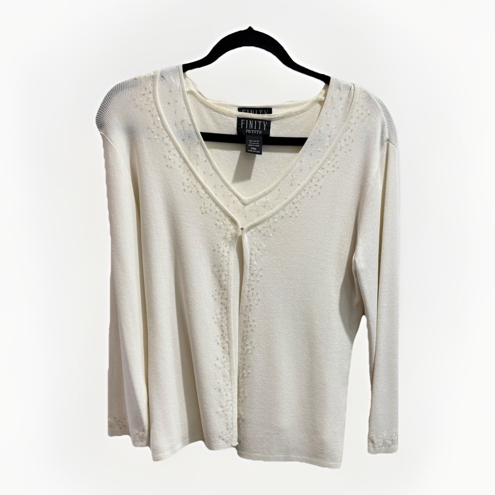 VTG Y2K Two-Piece Ivory Cardigan (L) Tank (XL) Set Sequin Trim 3/4 Sleeve Finity